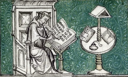 Jean de Meun componeert de Roman de la Rose, c.1380 (miniatuur)