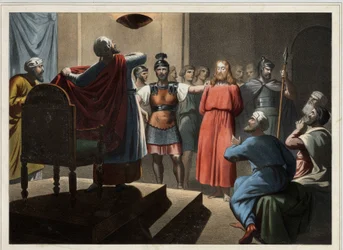 Jezus voor Caiphe. Anonieme gravure uit het midden van de 19e eeuw