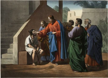 Jezus geneest de blindgeborene. Anonieme gravure uit het midden van de 19e eeuw.