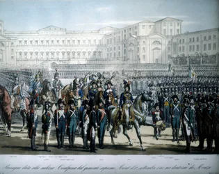 Joachim Murat (1767-1815), benoemd tot Maarschalk van Frankrijk en Koning van Napels door Napoleon, inspecteert de troepen van de Cisalpijnse Republiek