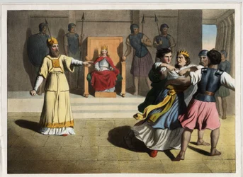 Joash beveelt de dood van koningin Athaliah en wordt koning van Juda. Anonieme gravure uit het midden van de 19e eeuw.