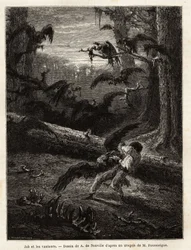 Job (reisgenoot van de redacteur), aangevallen door gieren. Gravure ter illustratie van het verhaal Quatre mois en Florida, door M. Pousselgue, in 1851-1852, gepubliceerd in 
