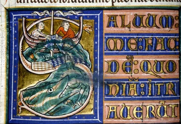 Jona wordt in zee gegooid en verslonden door een grote vis. 14e-eeuws manuscript. Gemeentelijke Bibliotheek van Vercelli