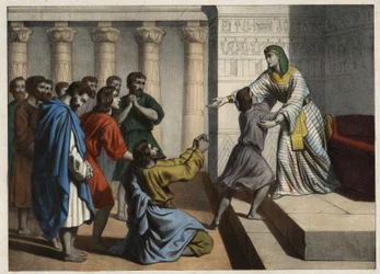 Jozef de Patriarch, benoemd tot vizier van Egypte, wordt herkend door zijn broers die hem deden geloven in zijn dood en om vergeving vragen. Anonieme gravure uit de 19e eeuw.