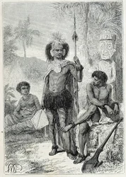 Reis van Kapitein James Cook (1728-1779): inboorlingen van de Marquesaseilanden - illustratie uit 