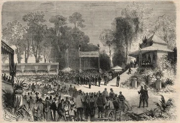 Reis van Napoleon III (1808-1883) en keizerin Eugénie de Montijo (1826-1920) naar Rouen: uitreiking van prijzen op de landbouwwedstrijd. Gravure in 