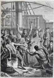 Reis van Samuel Wallis (1728-1795) naar Polynesië: inboorlingen verbaasd door een spiegel - illustratie uit 
