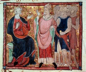 Koning Hendrik II van Engeland ontvangt een bisschop en soldaten - Miniatuur uit een 15e-eeuws manuscript