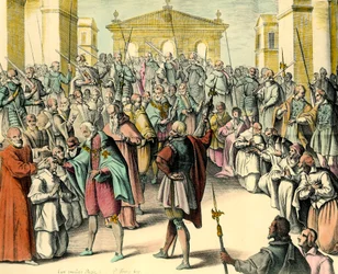 Koning Hendrik IV (1553-1610) raakt het voorhoofd van een zieke aan. De koning is thaumaturg, hij heeft de kracht om de scrofulose te genezen door deze formule uit te spreken. Gravure naar een schets van Andre du Laurens (1558-1609), arts van koning Hendri