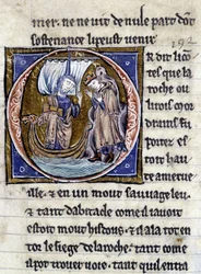 Koning Modreius. Manuscript: Verovering van de Saint Gréal, geschreven 717 jaar na de passie van onze heer. Bibliotheque municipale de Rennes, ms. 255 (Collectie romans van de Ronde Tafel); Parijs