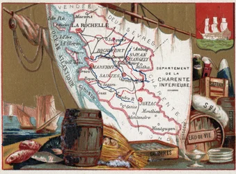 La Charente Inferieure, Poitou Charentes, Frankrijk. Wijn, brandewijn, sardines, zout, saffraan, droge vis, ca 1920