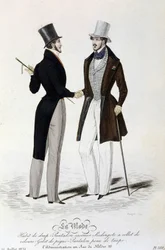 De Mode van 26 juli 1834: (mannelijke mode) bladpak - casimir broek - Redingote met fluwelen kraag - vest van piqué - taupe huid broek en hoge hoed