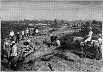 Het leggen van de rails van de Trans-Kaspische spoorweg. Gravure in het tijdschrift 