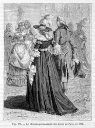 Dames van Parijs met bliksemafleiderhoed 1778 - gravure