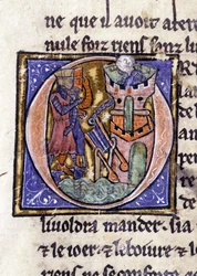 Lancelot bovenop een toren. Manuscript: Verovering van de Heilige Graal, geschreven 717 jaar na de passie van onze heer. Bibliothèque municipale de Rennes, ms. 255 (Collectie van romans van de Ronde Tafel); Parijs