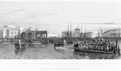 Landing van de Fransen bij Civitavecchia nabij Rome in 1849