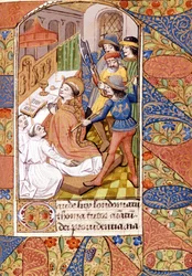 De moord op Sint-Thomas Becket (1118-1170), Engels prelaat en politicus. Miniatuur uit de 14e eeuw. Victoria and Albert Library, Londen.