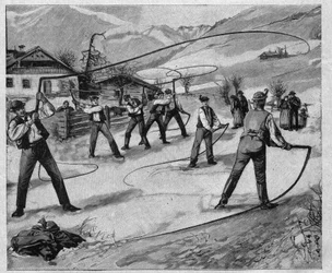De klappers van het Salzkammergut - Salzkammergut: Op verschillende zondagen na Nieuwjaar knallen de jonge mannen van Salzburg (Oostenrijk) met zwepen om de natuur uit haar winterslaap te wekken - gravure 1897
