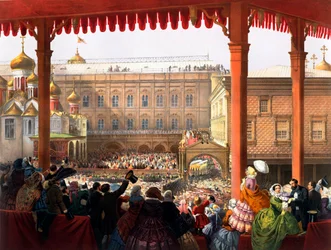 De kroning van keizer Alexander II (1818-1881) op 18/02/1855. Gezicht op de menigte - anonieme lithografie