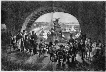 De onderkant van de waterval in de tuin van het Trocadéro tijdens de grote hitte in Parijs, waar Parijse wandelaars verkoeling komen zoeken. Gravure in “Le Monde illustré”
