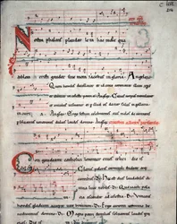 Folder van een pelgrimsgids met teksten van de pelgrimstocht naar Santiago de Compostela (Santiago de Compostella) Fol. 214 r. Uit een 13e-eeuws manuscript. Archief van de kathedraal van Santiago de Compostela (Santiago de Compostela), Spanje