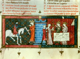 Links: Perceval ontvangt een zwaard van koning Pescheor. Rechts: Processie van de Heilige Graal. Miniatuur uit Tale du Grail