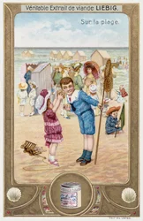 Leibig-kaart die Franse kinderen op het strand afbeeldt (1890)
