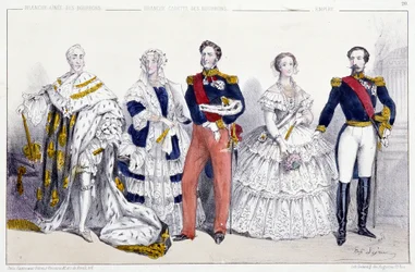 De Bourbons en het Keizerrijk: Karel X (1757-1836), Marie Amelie de Bourbon Sicilië (1782-1866) en Lodewijk Filips I (1773-1850), Eugenie de Montijo (1826-1920) Napoleon III (1808-1873) - Plaat uit Koningen en Koninginnen van Frankrijk in prenten, Parijs, 