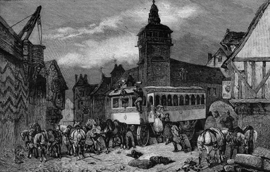 Les Omnibus de Paris in de 19e eeuw: de wagen heeft 60 zitplaatsen - gravure uit 1892