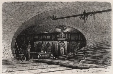 De riolen van Parijs: bocht van de pijp bij de Saint Michel brug, place du Chatelet - Gravure in 