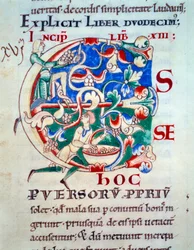Lettrine C; een wijnstok begin 12e eeuw. Miniatuur uit de middeleeuwen. Manuscript Moralia in Job van de abdij van Citeaux voor paus Gregorius I