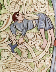 Lettrine C versierd met de voorstelling van een houthakker. Miniatuur uit een Bijbel (Oude Testament) (Ms 3088) 12e eeuw