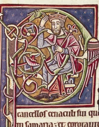 Lettrine P versierd met de voorstelling van de koning van het land Moab (miniatuur) uit een Bijbel (Ms 3088) 12e eeuw Coimbra, bibliotheek van de Universiteit