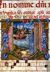 Initiaal uit een 15e-eeuws koorboek. Verschijning van Christus na zijn opstanding aan de ongelovige apostelen bij het Meer van Tiberias. Biblioteca Nazionale Braidense, Milaan.