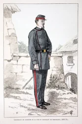 Luitenant van de vredesbewakers van het Versailles-bataljon (1871-1873). Kleurgravure, ter illustratie van het boek Histoire du corps des gardiens de la paix, gepubliceerd onder auspiciën van Louis Lepine (1846-1933) prefect van politie van de Seine, door 