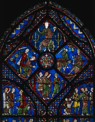 Leven van St Jacobus de Meerdere, bovenste deel van het raam, glas-in-loodraam (12e eeuw), Kathedraal van Chartres (Unesco Werelderfgoedlijst)