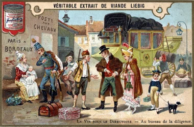 Leven onder het Directoire: bij het Diligencekantoor. Chromolithografie, Liebig afbeelding