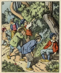 Klein Duimpje en zijn broers verdwaald in het bos, achtergelaten door hun ouders. Illustratie van het sprookje 