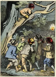 Klein Duimpje klimt in een boom en zoekt zijn weg. Hij pakt een lichtje in het bos. Illustratie van Charles Perrault