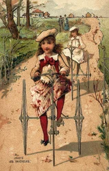 Meisjes op driewielers. Chromolithografie rond 1890