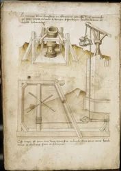 Laadsysteem voor bouwplaats - Manuscript: perkamentblad van een ingenieurshandboek voor de bouw van civiele, religieuze en militaire gebouwen, anoniem, eind 15e eeuw (figuur in Chinese inkt)