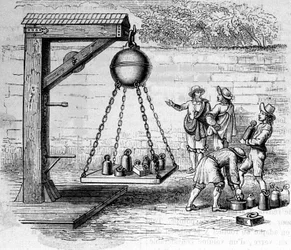 Laden van Magdeburg-hemisferen opgehangen om atmosferische druk te berekenen - in Ottonis de Guericke: Experimenta Nova Magdeburgica de vacuo spatio door Otto von Guericke
