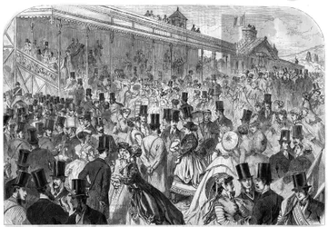 Longchamp Renbaan: de tribunes van de Bois de Boulogne races op maandag 22 april. Gravure in 