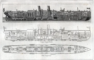 Longitudinale doorsnede van de lijnboot 