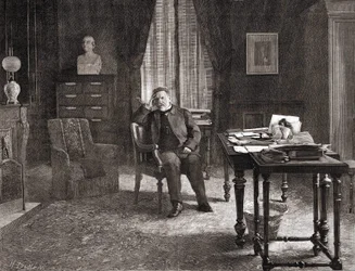 Louis Pasteur in zijn kantoor in het instituut. Gravure van de 19e eeuw.