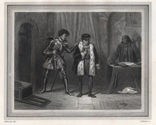 Lodewijk XI gevangene van Karel de Stoute Hertog van Bourgondië - Koning van Frankrijk Lodewijk XI (koning 1461-1483) ontmoet zijn tegenstander Karel de Stoute Hertog van Bourgondië in 1467-1477 in Peronne in oktober 1468, periode van de Ligue du Bien Publ