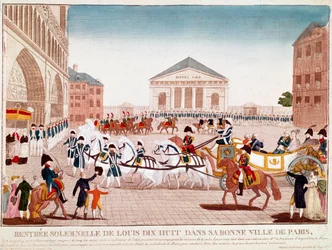 Lodewijk XVIII arriveert bij de Notre Dame, Parijs, 3 mei 1814