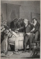 Lodewijk XVIII aan het sterfbed van de Hertog van Berry - De laatste momenten van de Hertog van Berry op 13 februari 1820 (1778 - 1820) in de opera van Parijs omringd door Lodewijk XVIII en de koninklijke familie - gravure in 