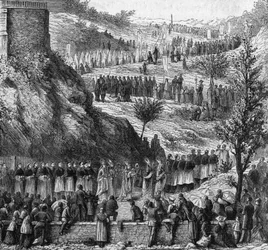Lourdes 1864: de processie naar de grot voor de inwijding van het beeld van Maria Immaculee.
