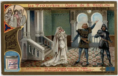 Liefdevolle daad III scène 2. Illustratie voor de opera Il trovatore door Giuseppe Verdi (1813-1901). Chromolithografie (Chromo) Liebig uit het einde van de 19e eeuw.